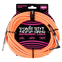 ERNIE BALL Braided Instrument Cable, 10 ft., STR/ANG, Neon Orange